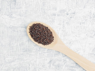 Spices and herbs help maintain good health and improve appetite, top view on white concrete background. Mustard seeds in wooden spoon. Modern apothecary, naturopathy and ayurveda concept.