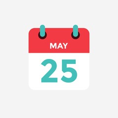 Flat icon calendar 25 of May. Date, day and month. Vector illustration.