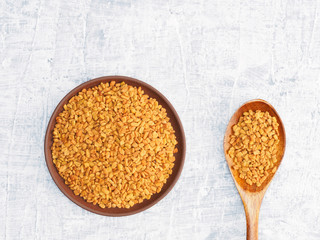 Spices and herbs help maintain good health and improve appetite, top view on on concrete background. Fenugreek in clay plate and wooden spoon. Modern apothecary, naturopathy and ayurveda concept.