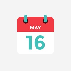Flat icon calendar 16 of May. Date, day and month. Vector illustration.