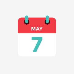 Flat icon calendar 7 of May. Date, day and month. Vector illustration.