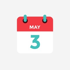 Flat icon calendar 3 of May. Date, day and month. Vector illustration.