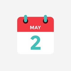 Flat icon calendar 2 of May. Date, day and month. Vector illustration.