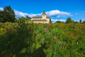 Fototapeta premium St. Georg Church on Reichenau Island has been standing here for over 1000 years. There are no buildings from this time in the distance after destructive forces of all kinds. Like a rock of love.