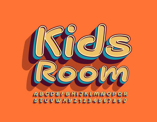 Vector funny logo Kids Room with creative Font. 3D Uppercase Alphabet Letters and Numbers