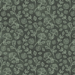 Hand Drawn Roses, Mimicking Folk Embroidery Stitches, on Dark Blue Background Floral Seamless Pattern