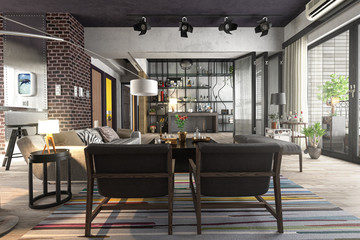 Großes Wohnzimmer mit angrenzender Küche