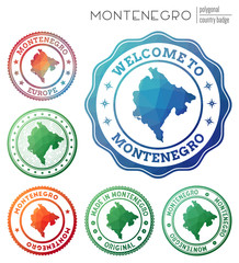 Montenegro badge. Colorful polygonal country symbol. Multicolored geometric Montenegro logos set. Vector illustration.