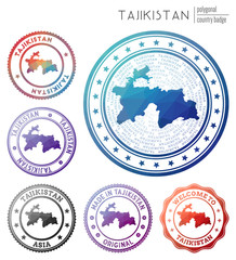 Tajikistan badge. Colorful polygonal country symbol. Multicolored geometric Tajikistan logos set. Vector illustration.