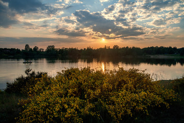 Sunset at a small lake near the city of Dresden, Sachsen, DE