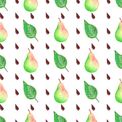 Watercolor pears seamless pattern. Hand drawn pattern. Abstract background Design of organic food. Surface background. Isolated background Cloth design. White background