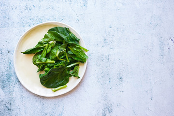Fresh green spinach leaves on plate.