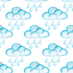 clouds weather seamless watercolor pattern. Watercolor illustration with colorful clouds. Seamless watercolor pattern for print design. Colorful wallpaper. Separate illustrations. White isolated