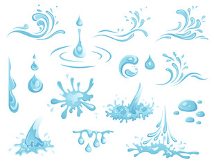 Fototapeta na wymiar Water And Drop Icons Set - Blue waves and water splashes set, wavy symbols of nature in motion vector Illustrations.