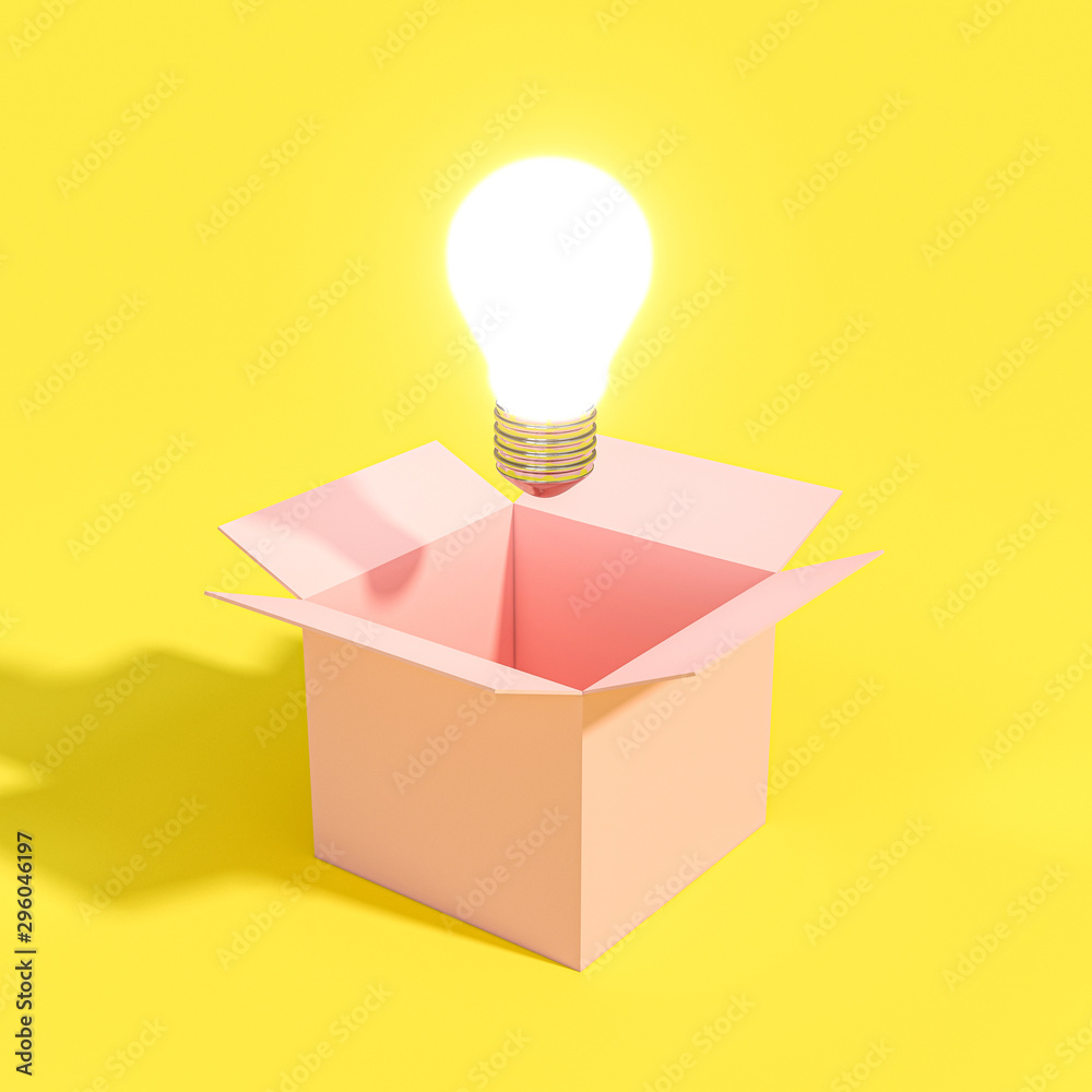 Poster ight bulb coming out of an empty box.
