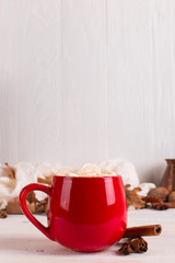 Red mug with cocoa and marshmallows, on a background of a scarf and dry leaves. Autumn mood, a warming drink.