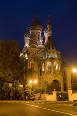 Fototapeta na wymiar Russian orthodox church by night, San Remo, Italy