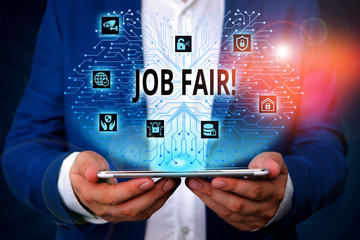 Handwriting text writing Job Fair. Conceptual photo event where employers offer information about their companies Male human wear formal work suit presenting presentation using smart device
