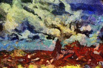 Fototapeta na wymiar Digital abstract painting. Old tree