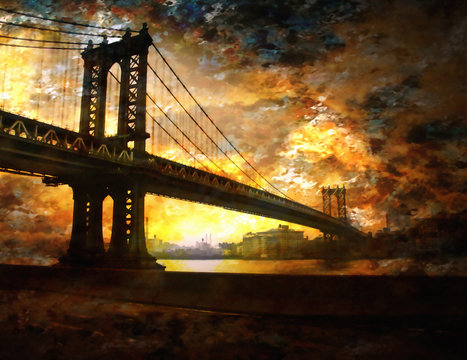 Vivid digital painting. Manhattan bridge in rays of dawn