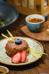 chocolate dessert with berries