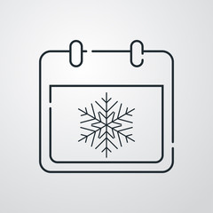 Icono plano lineal calendario con copo de nieve en fondo gris
