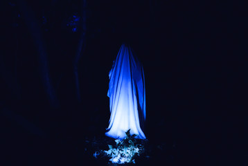 Ghost at night outdoors in blue lights. Halloween costume idea. Horror film concept. Scary things...