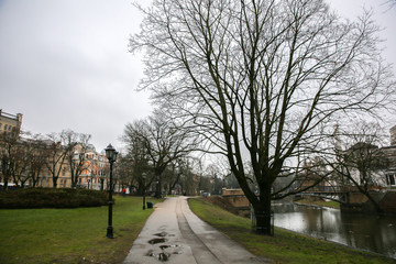 Riga park in winter. Sightseeing tourist concept.