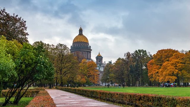 St. Petersburg, Russia, time-lapse photography view of St. Isaac's Cathedral, autumn timelapse