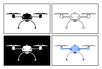 Drone symbol presented as pictogram, black and white, line icons and flat icons. Set of transportation icons.