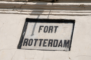 Name plate of Fort Rotterdam was the Dutch regional military and governmental headquarters until the 1930s. It was restored in the 1970s and is now a tourist destination, Sulawesi, IDN