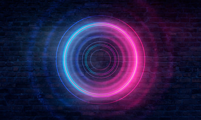 Neon circle on the background of a dark old brick wall, street, wet asphalt. Blue and pink neon, smoke, smog. Night view of the street with neon. Abstract neon dark background.