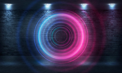 Neon circle on the background of a dark old brick wall, street, wet asphalt. Blue and pink neon, smoke, smog. Night view of the street with neon. Abstract neon dark background.