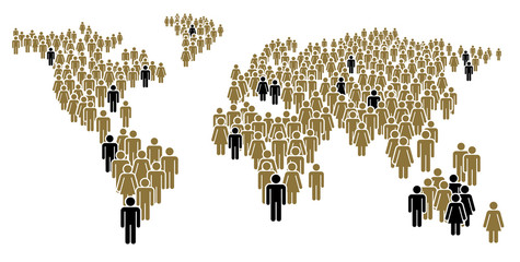 A large number of people standing in a group in the form of world map. Concept of People Figure Pictogram Icons. Earth community signs. © Dejan Jovanovic