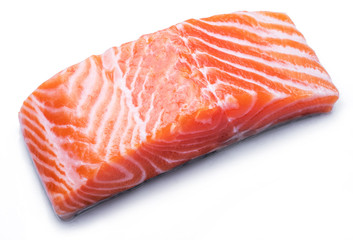 Fresh raw salmon fillet on white background.