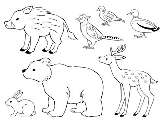 狩猟鳥獣の手描き風線画イラストセット