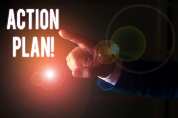 Word writing text Action Plan. Business photo showcasing proposed strategy or course of actions for certain time Isolated hand pointing with finger. Business concept pointing finger