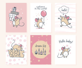 Set of cute baby shower cards with funny mice characters and holiday elements: air balloon, gift boxes, candles. Hand drawn style, vector illustration.