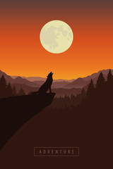 wolf on a cliff howls at full moon forest nature landscape vector illustration EPS10
