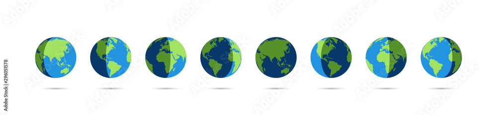 Wall mural set of earth globe icons in day and night. earth globe vector icons with shadow, isolated on white b