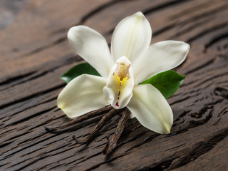 Fototapeta na wymiar Dried vanilla sticks and vanilla orchid on wooden table.