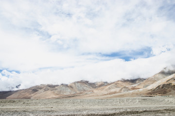High mountain with white cloud and blue sky near the Pagong lake, Leh Ladakh, India