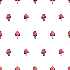 Beautiful doodle mushroom amanita seamless pattern. Botanical drawing. Autumn vector background.