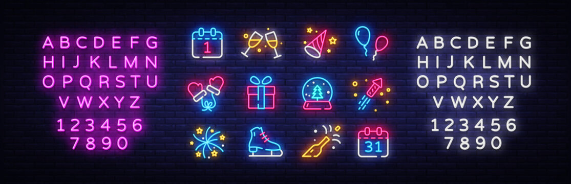 Big collectin New Year neon signs. Happy New Year Neon Icons Vector. Merry Christmas icons lights design template, modern trend design, night light signboard. Vector. Editing text neon sign