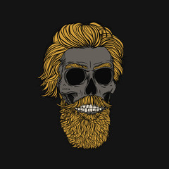 Whiskered skull with ginger hair. Stylish men's hairstyle and beard. Picture for halloween, barbershop and clothes.