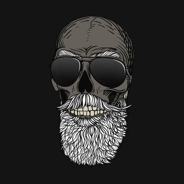 Bearded bald skull with gray hair and glasses. Stylish men's beard, biker view. Picture for halloween, barbershop and clothes.