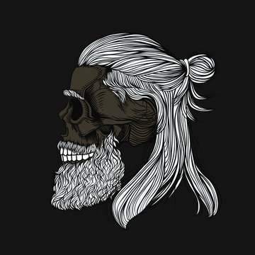 Gray-haired bearded skull, long hair wrapped in a bun. Stylish men's hairstyle and beard. Picture for halloween, barbershop and clothes.