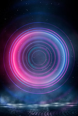 Neon circle on a dark street background, wet asphalt. Blue neon, smoke, smog. Night view of a street with neon. Abstract neon dark background.