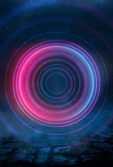 Neon circle on a dark street background, wet asphalt. Blue neon, smoke, smog. Night view of a street with neon. Abstract neon dark background.