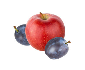 Red apple eith plum isolated on white background with clipping path